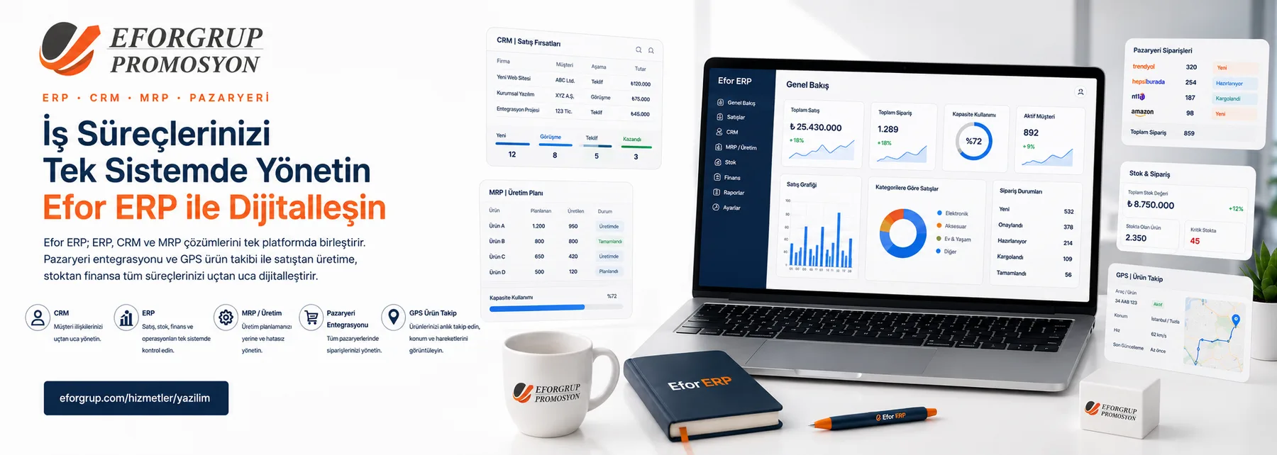 ERP · CRM · MRP · Pazaryeri — Efor ERP ile tek platform